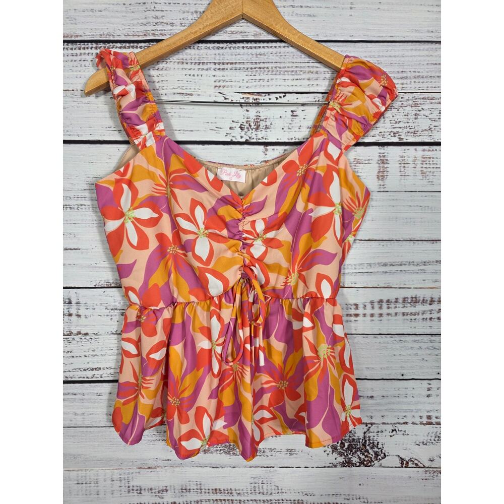 Pink Lily Women's Large Floral Sleeveless Babydoll Tank Top Orange Pink Boho